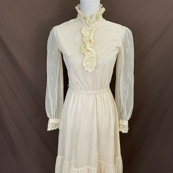🔴 Vintage CACTUS NY Beige Lace 1960s/1970s Dress - Picture 10 of 12